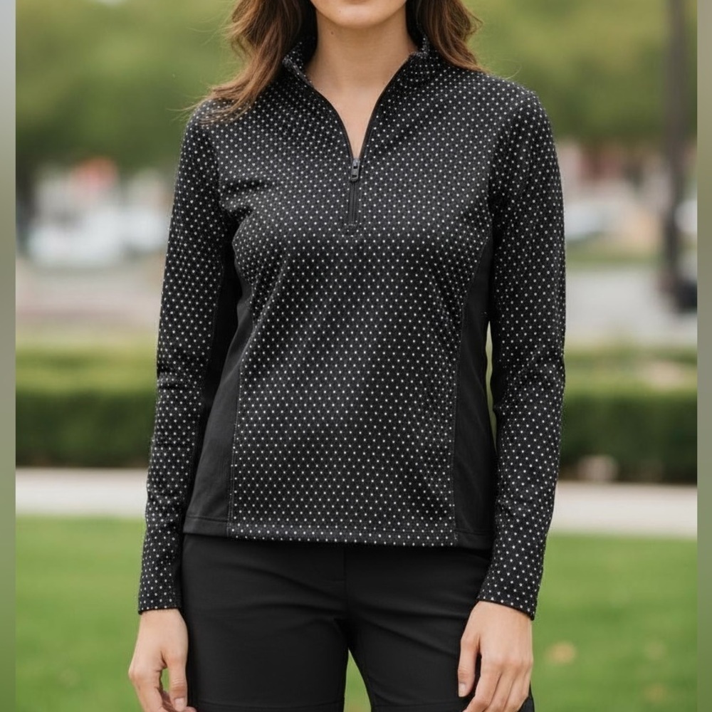 Peter Millar Golf Black Polka Dot 1/4 Zip Wicking Shirt Medium